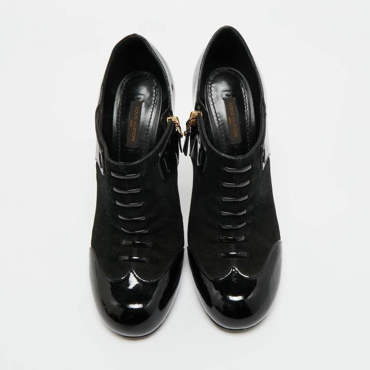 Pre Owned Louis Vuitton Black Patent Leather and Suede Ankle Booties Size 40.5
