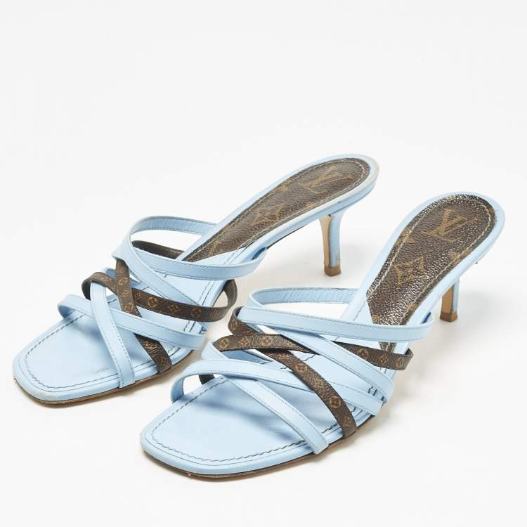 Pre Owned Louis Vuitton Blue/Brown Monogram Canvas and Leather Slide Sandals Size 37