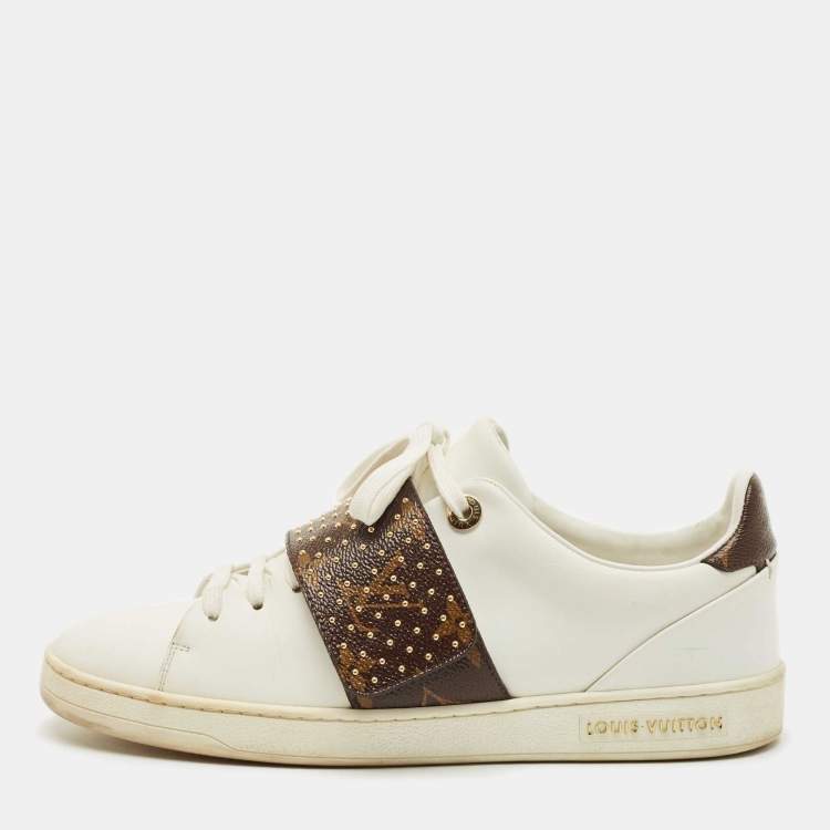 Pre Owned Louis Vuitton White/Brown Monogram Canvas and Leather Frontrow Lace Up Sneakers Size 38