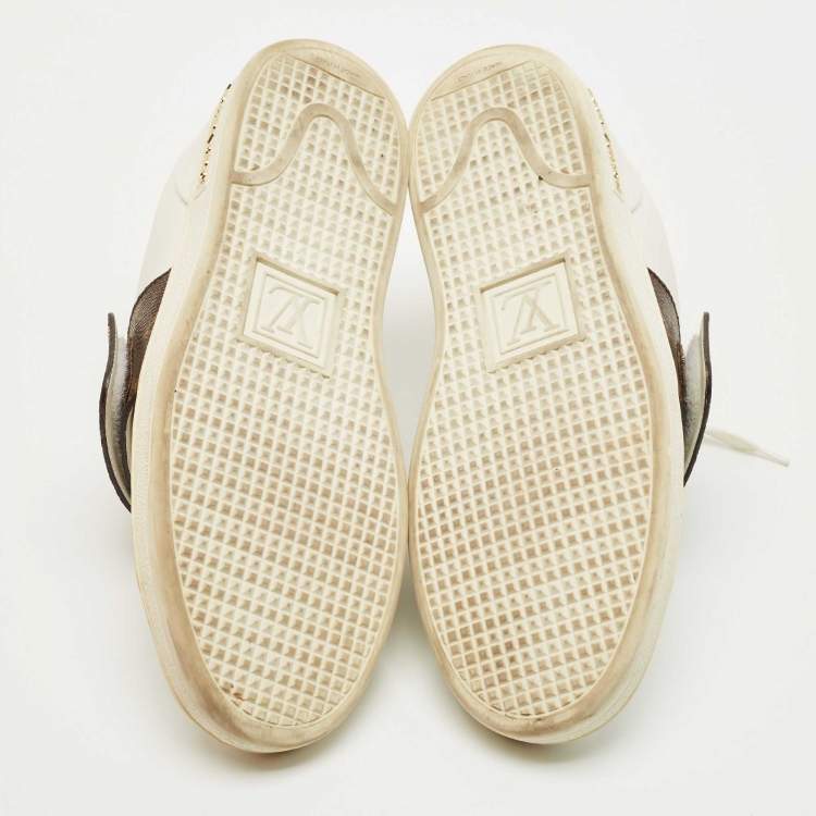 Pre Owned Louis Vuitton White/Brown Monogram Canvas and Leather Frontrow Lace Up Sneakers Size 38