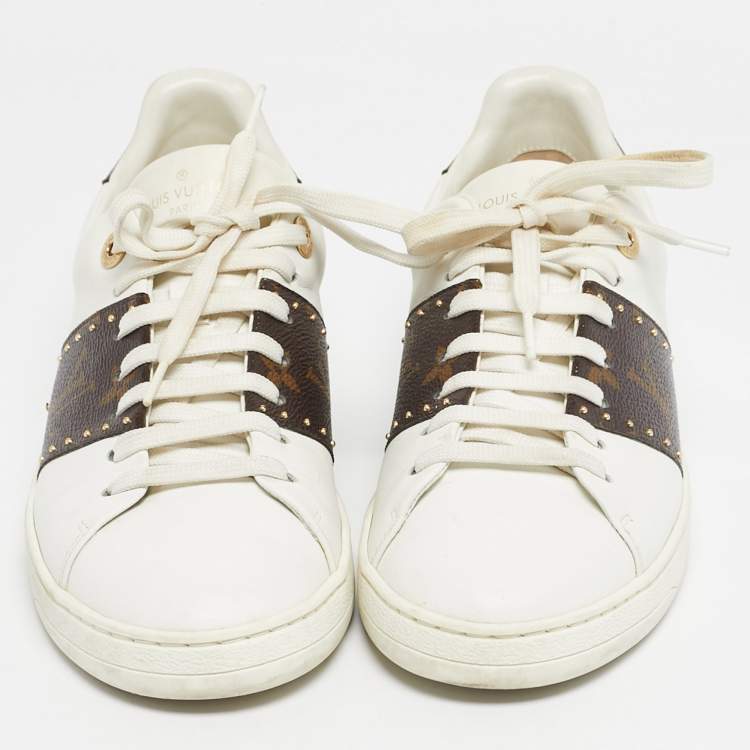 Pre Owned Louis Vuitton White/Brown Monogram Canvas and Leather Frontrow Low-Top Sneakers Size 38