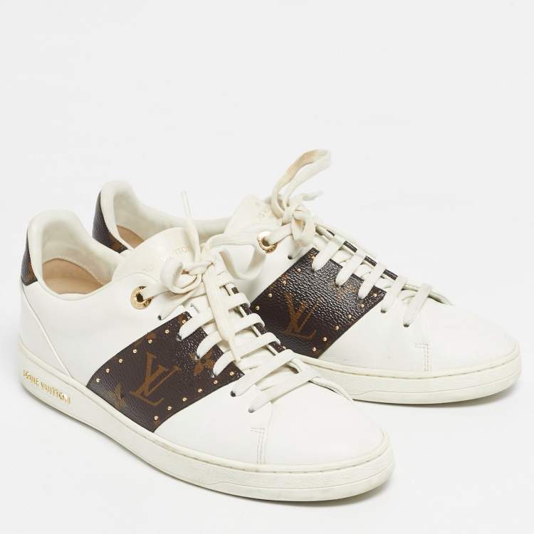 Pre Owned Louis Vuitton White/Brown Monogram Canvas and Leather Frontrow Low-Top Sneakers Size 38