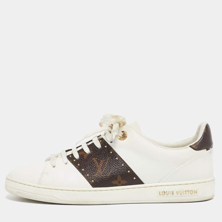 Pre Owned Louis Vuitton White/Brown Monogram Canvas and Leather Frontrow Low-Top Sneakers Size 38