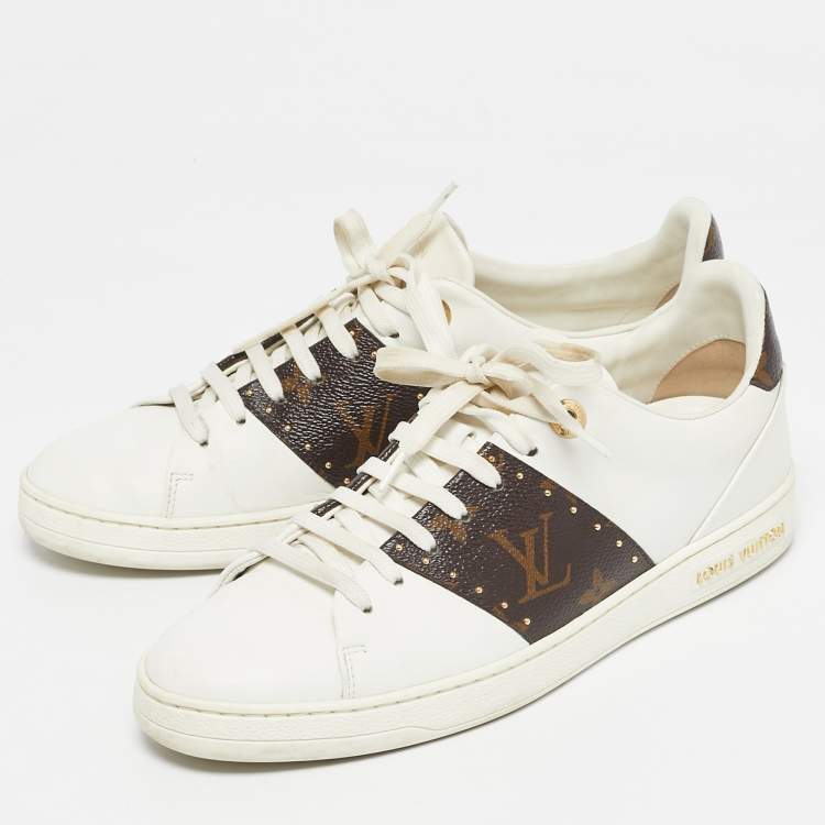 Pre Owned Louis Vuitton White/Brown Monogram Canvas and Leather Frontrow Low-Top Sneakers Size 38