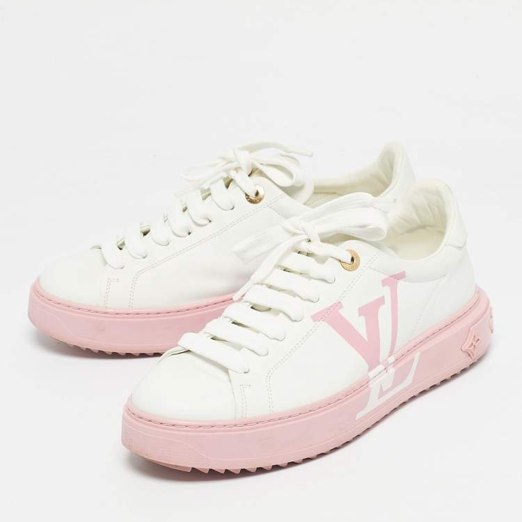 Pre Owned Louis Vuitton White/Pink Leather Time Out Lace Up Sneakers Size 39