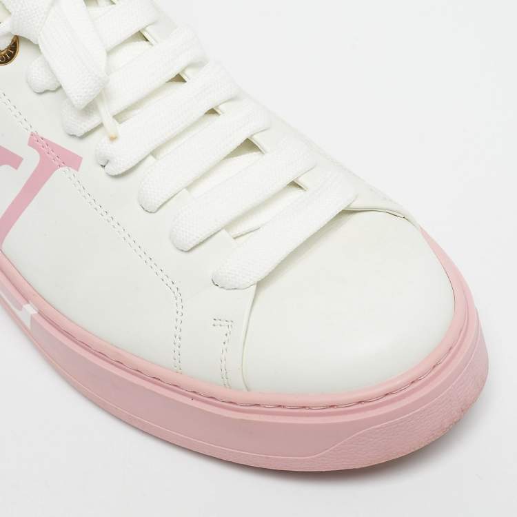 Pre Owned Louis Vuitton White/Pink Leather Time Out Lace Up Sneakers Size 39