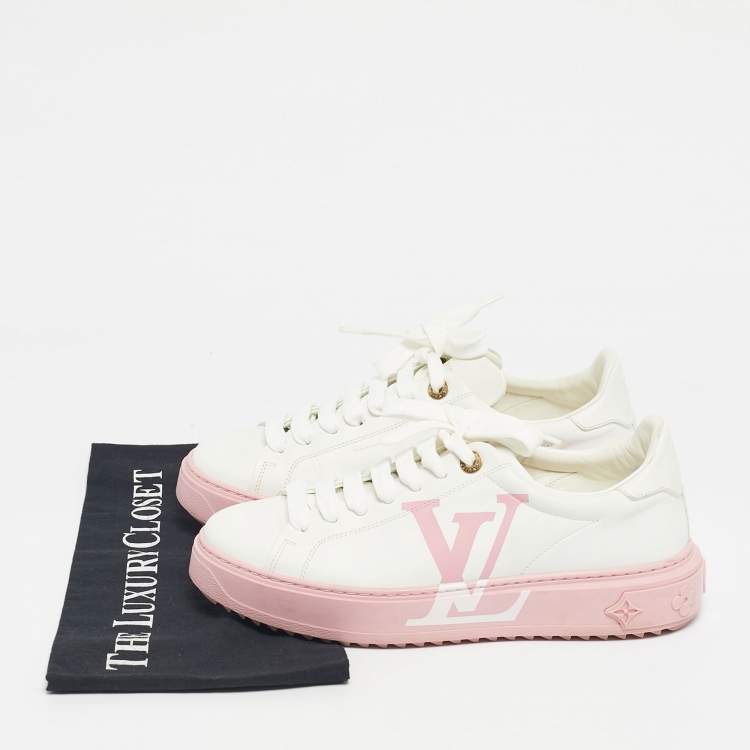 Pre Owned Louis Vuitton White/Pink Leather Time Out Lace Up Sneakers Size 39