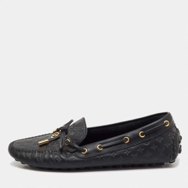 Pre Owned Louis Vuitton Black Monogram Empreinte Leather Gloria Loafers Size 37.5