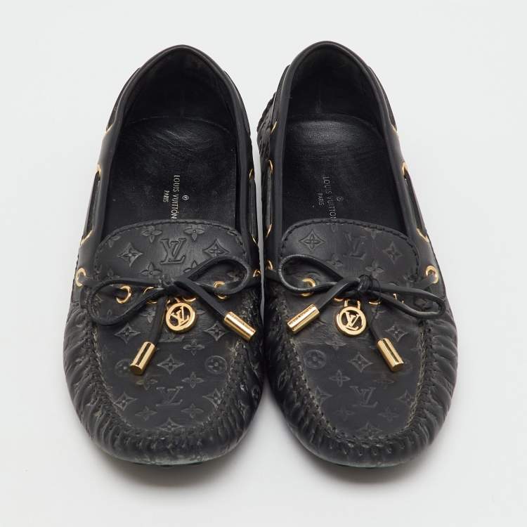 Pre Owned Louis Vuitton Black Monogram Empreinte Leather Gloria Loafers Size 37.5