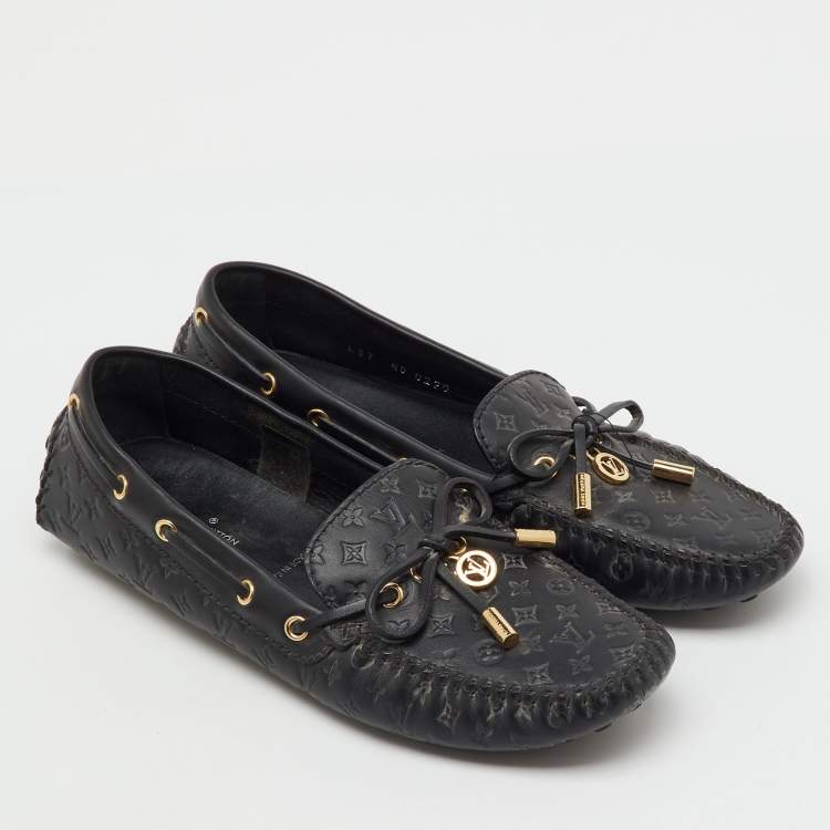 Pre Owned Louis Vuitton Black Monogram Empreinte Leather Gloria Loafers Size 37.5