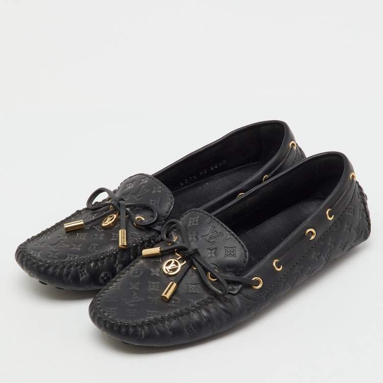 Pre Owned Louis Vuitton Black Monogram Empreinte Leather Gloria Loafers Size 37.5