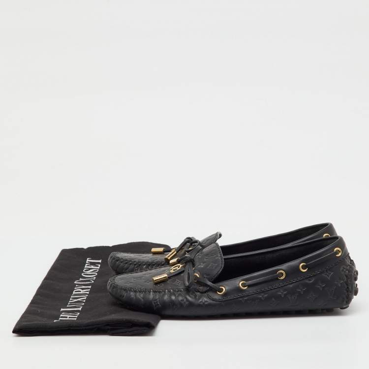 Pre Owned Louis Vuitton Black Monogram Empreinte Leather Gloria Loafers Size 37.5