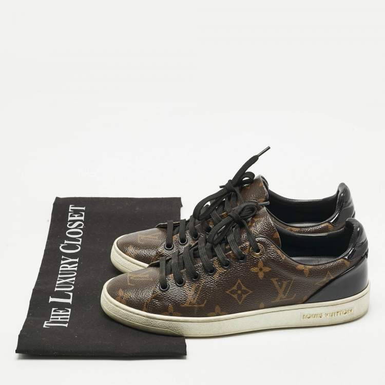 Pre Owned Louis Vuitton Brown/Black Monogram Canvas and Patent Leather Frontrow Sneakers Size 36