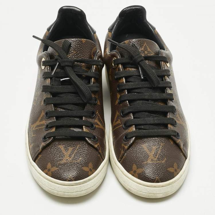 Pre Owned Louis Vuitton Brown/Black Monogram Canvas and Patent Leather Frontrow Sneakers Size 36
