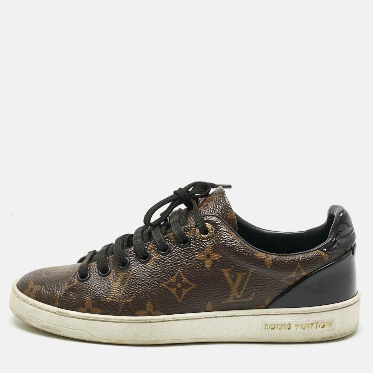 Pre Owned Louis Vuitton Brown/Black Monogram Canvas and Patent Leather Frontrow Sneakers Size 36
