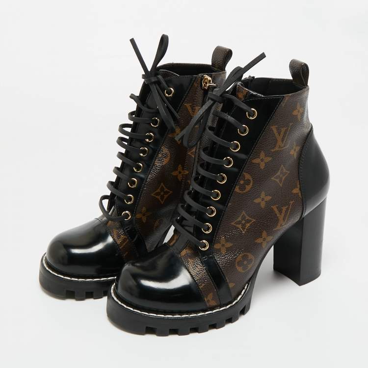 Pre Owned Louis Vuitton Brown/Black Monogram Canvas and Leather Star Trail Ankle Length Boots Size 39
