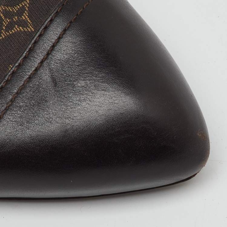 Pre Owned Louis Vuitton Brown Monogram Mini Lin Canvas and Leather Barbara Cap Toe Pumps Size 38.5