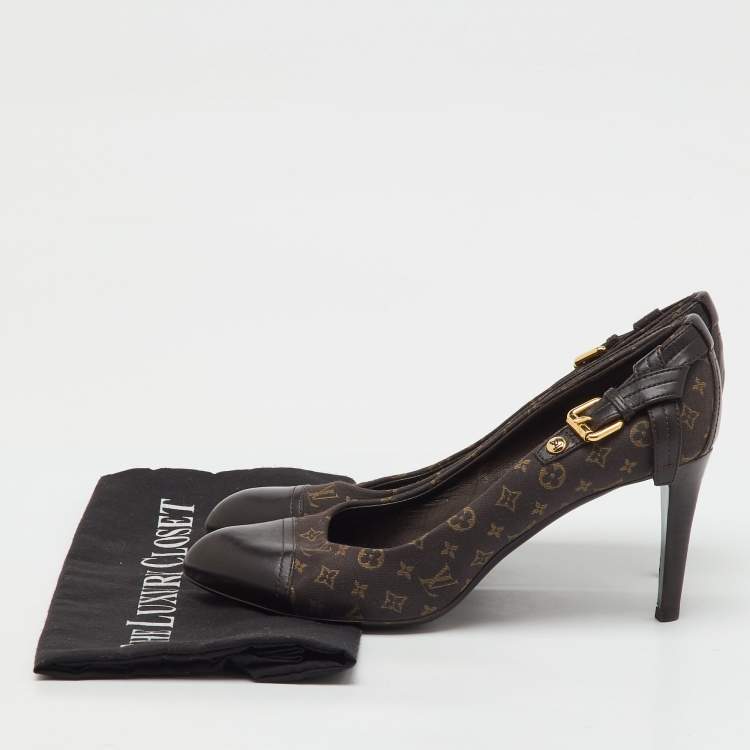 Pre Owned Louis Vuitton Brown Monogram Mini Lin Canvas and Leather Barbara Cap Toe Pumps Size 38.5
