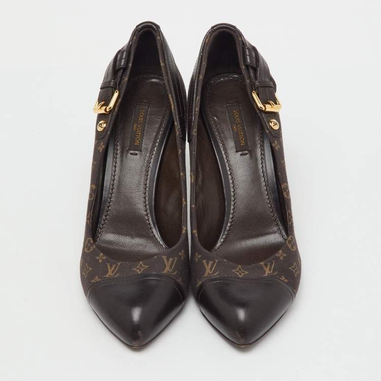 Pre Owned Louis Vuitton Brown Monogram Mini Lin Canvas and Leather Barbara Cap Toe Pumps Size 38.5