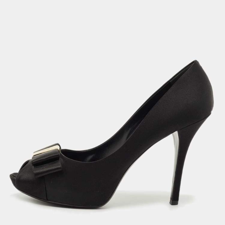Pre Owned Louis Vuitton Black Satin Bow Peep Toe Pumps Size 40.5