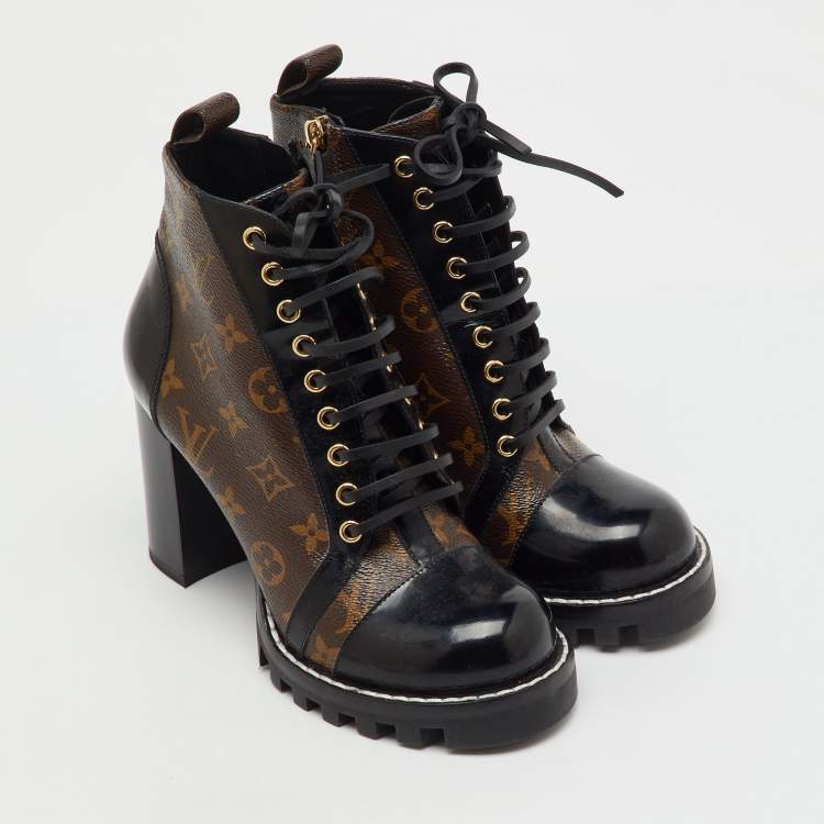 Pre Owned Louis Vuitton Brown/Black Monogram Canvas and Patent Leather Star Trail Ankle Boot Size 38.5