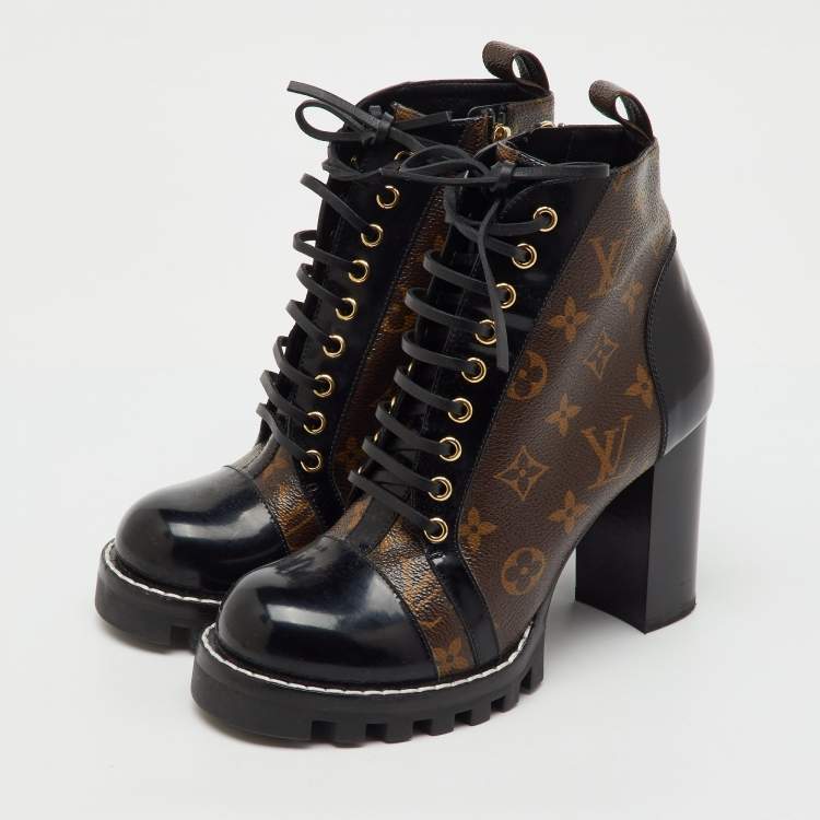 Pre Owned Louis Vuitton Brown/Black Monogram Canvas and Patent Leather Star Trail Ankle Boot Size 38.5