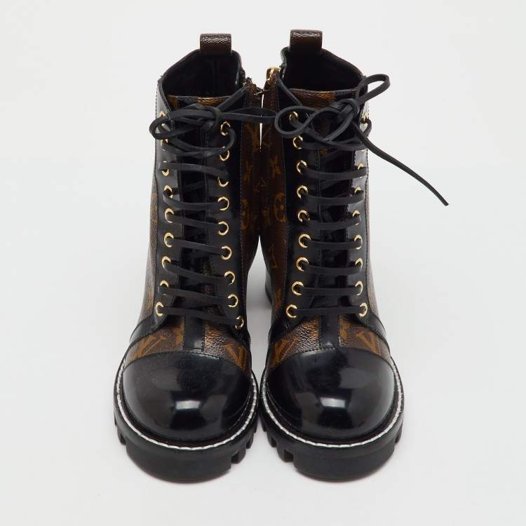 Pre Owned Louis Vuitton Brown/Black Monogram Canvas and Patent Leather Star Trail Ankle Boot Size 38.5