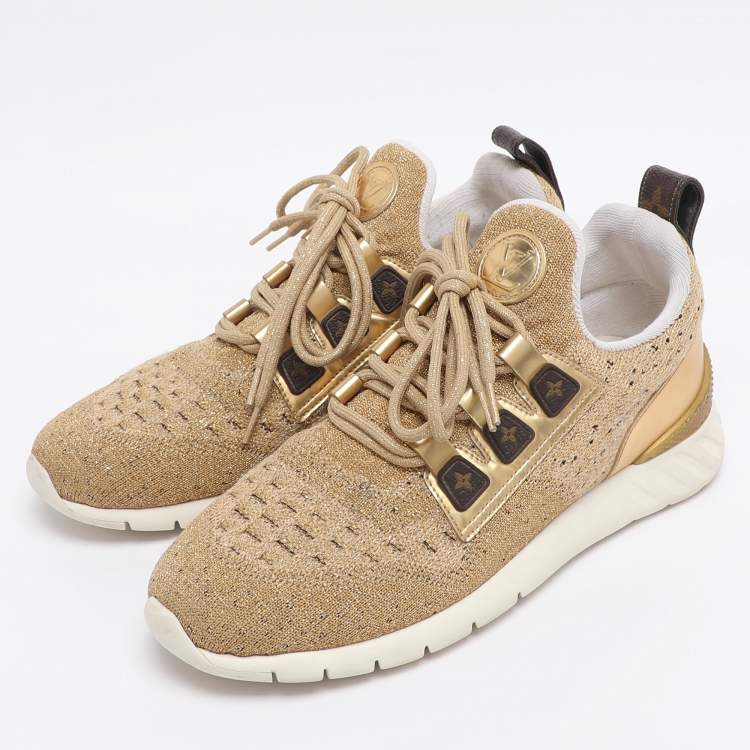 Pre Owned Louis Vuitton Gold Lurex Fabric and Leather Aftergame Sneakers Size 39