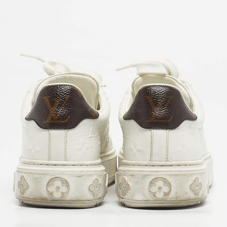 Pre Owned Louis Vuitton White/Brown Monogram Canvas and Leather Time Out Low Top Sneakers Size 37