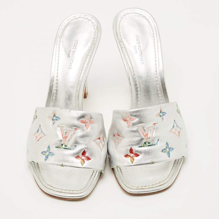 Pre Owned Louis Vuitton Silver Monogram Embossed Leather Revival Slide Sandals Size 37