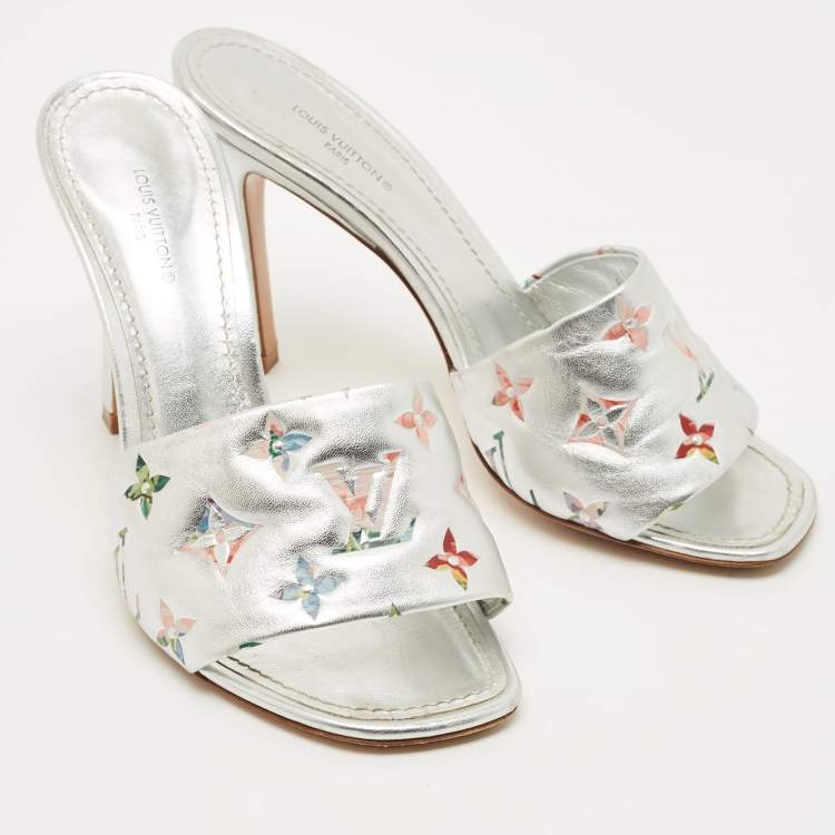 Pre Owned Louis Vuitton Silver Monogram Embossed Leather Revival Slide Sandals Size 37