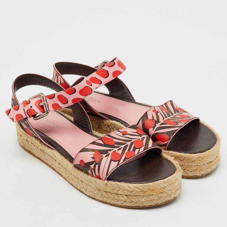 Pre Owned Louis Vuitton Pink Monogram Canvas Jungle Dots Hibiscus Espadrille Ankle Strap Sandals Size 38