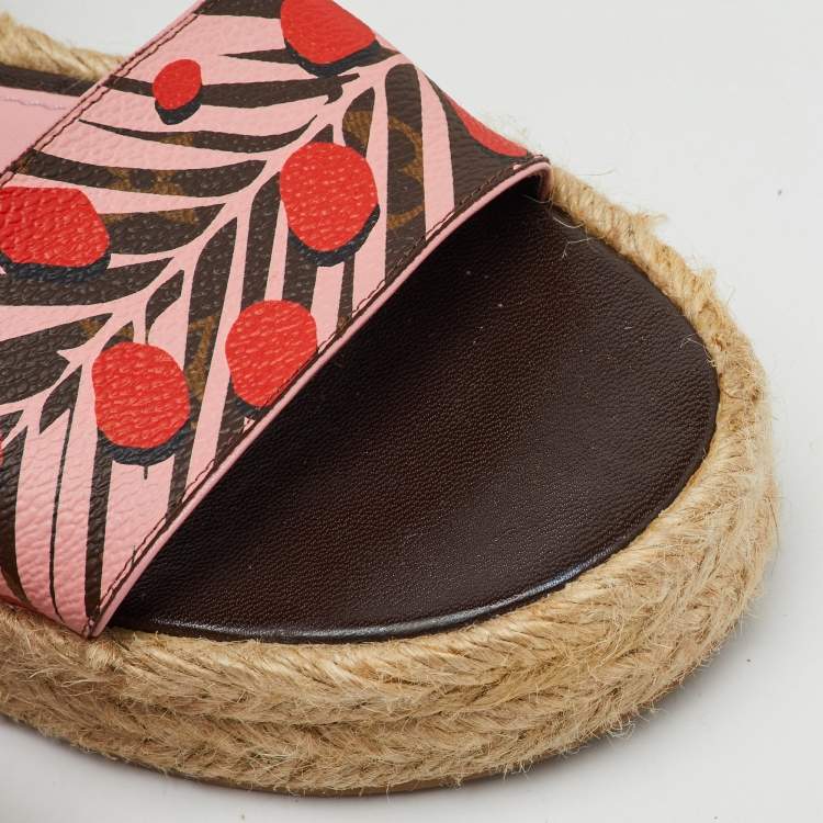 Pre Owned Louis Vuitton Pink Monogram Canvas Jungle Dots Hibiscus Espadrille Ankle Strap Sandals Size 38