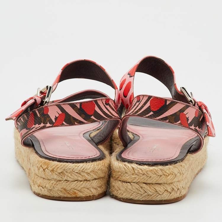 Pre Owned Louis Vuitton Pink Monogram Canvas Jungle Dots Hibiscus Espadrille Ankle Strap Sandals Size 38