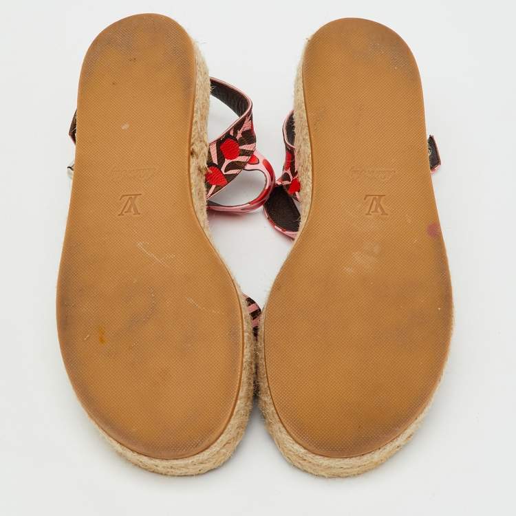 Pre Owned Louis Vuitton Pink Monogram Canvas Jungle Dots Hibiscus Espadrille Ankle Strap Sandals Size 38