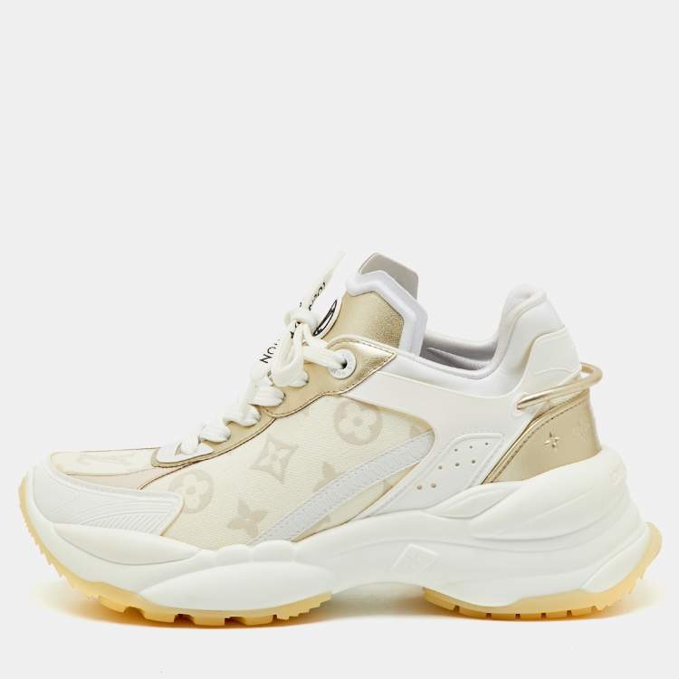 Pre Owned Louis Vuitton White/Gold Canvas, Rubber and Leather Run 55 Trainers Sneakers Size 37