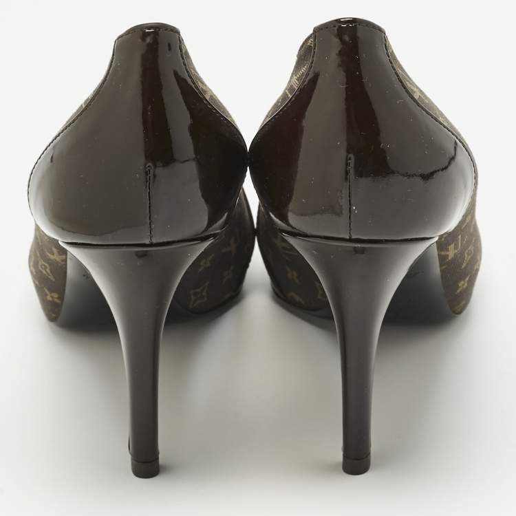 Pre Owned Louis Vuitton Dark Brown Monogram Canvas and Patent Leather Judy Peep-Toe Pumps Size 38.5