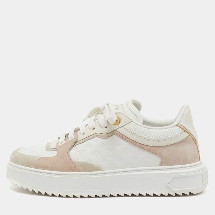 Pre Owned Louis Vuitton White/Beige Monogram Embossed Leather and Suede Time Out Sneakers Size 38