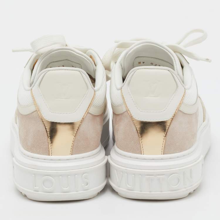 Pre Owned Louis Vuitton White/Beige Monogram Embossed Leather and Suede Time Out Sneakers Size 38