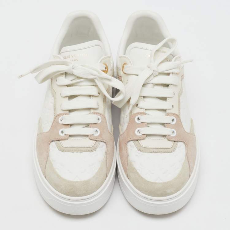 Pre Owned Louis Vuitton White/Beige Monogram Embossed Leather and Suede Time Out Sneakers Size 38