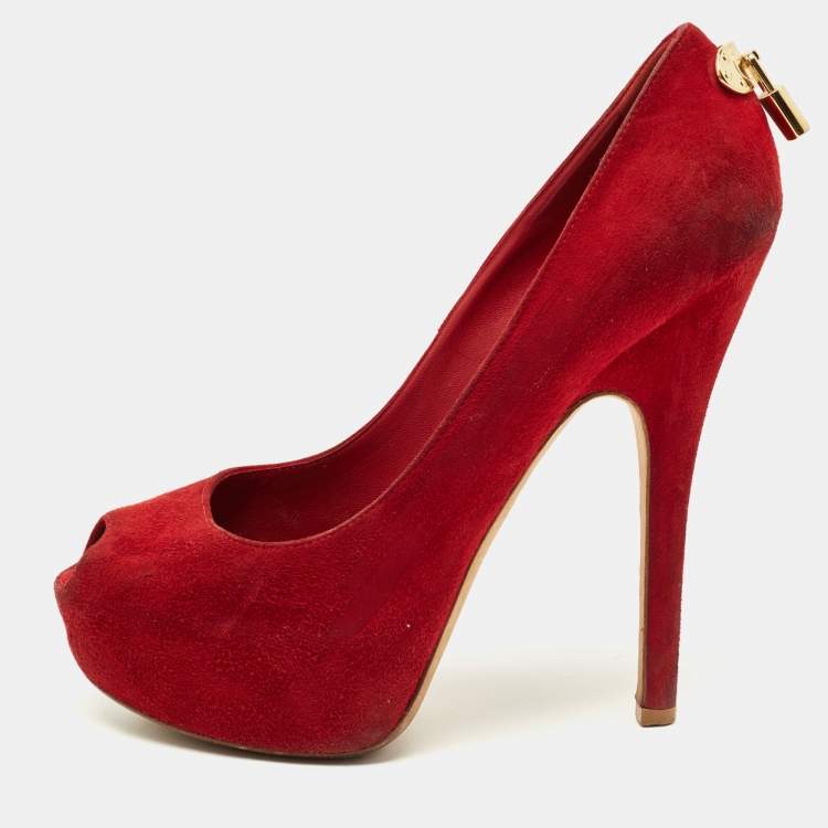 Pre Owned Louis Vuitton Red Suede Oh Really! Platform Peep Toe Pumps Size 38