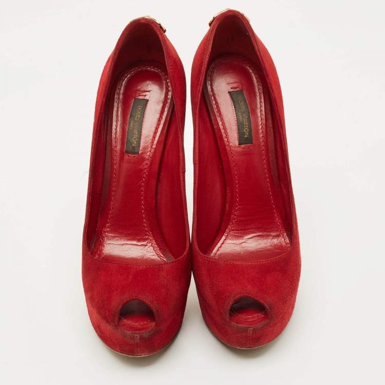 Pre Owned Louis Vuitton Red Suede Oh Really! Platform Peep Toe Pumps Size 38