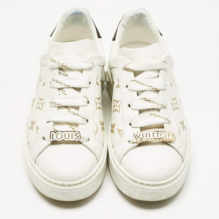 Pre Owned Louis Vuitton White/Brown Monogram Canvas and Leather Time Out Sneakers Size 38