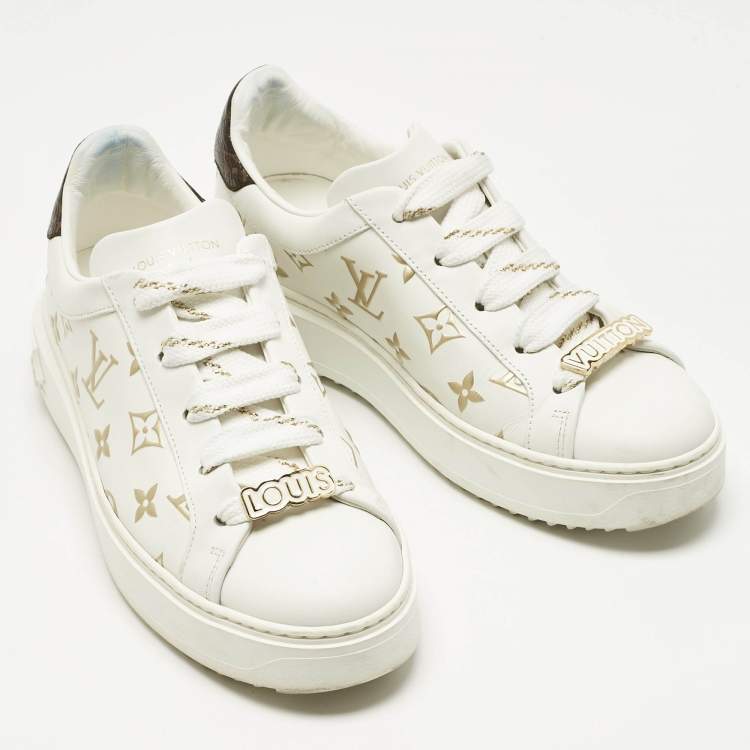 Pre Owned Louis Vuitton White/Brown Monogram Canvas and Leather Time Out Sneakers Size 38