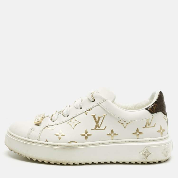 Pre Owned Louis Vuitton White/Brown Monogram Canvas and Leather Time Out Sneakers Size 38