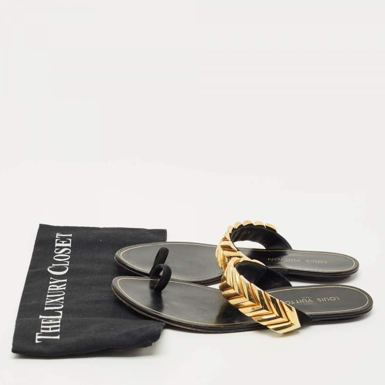 Pre Owned Louis Vuitton Black Suede Metal Chevron  Flat Slides Size 39.5