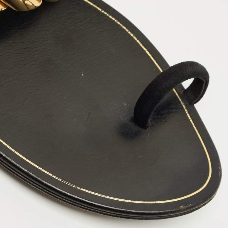 Pre Owned Louis Vuitton Black Suede Metal Chevron  Flat Slides Size 39.5