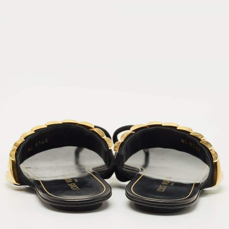 Pre Owned Louis Vuitton Black Suede Metal Chevron  Flat Slides Size 39.5