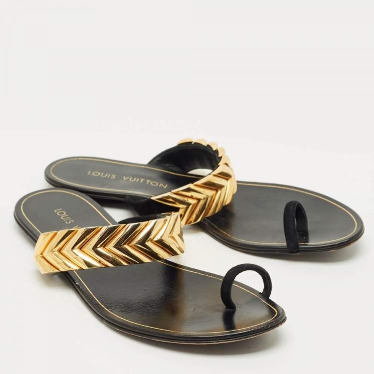 Pre Owned Louis Vuitton Black Suede Metal Chevron  Flat Slides Size 39.5