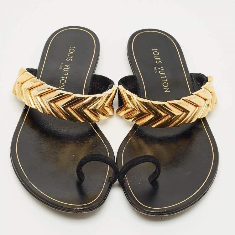 Pre Owned Louis Vuitton Black Suede Metal Chevron  Flat Slides Size 39.5